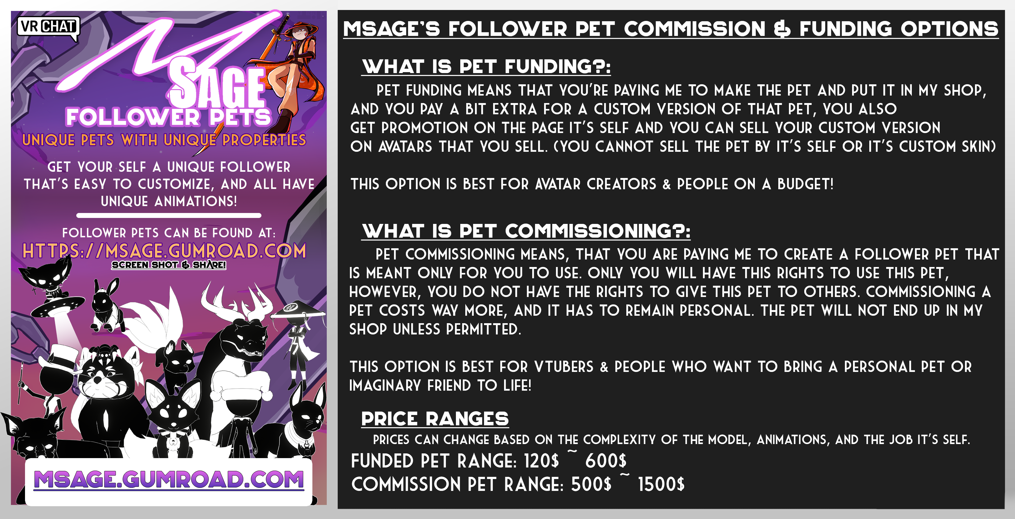 MSage Follower Pets funding and commission options